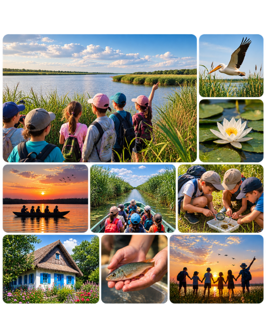 Copii explorând natura și biodiversitatea Deltei Dunării